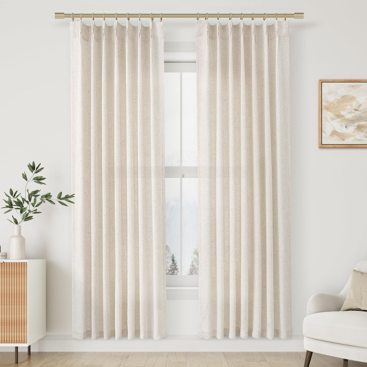 Aersas Linen Pinch Pleated Curtains 84 Inch Length 2 Panels Set for Living Room Cream Semi Sheer Window Curtain for Bedroom Boho Farmhouse Neutral Back Tab Drape Decor with Hooks, Natural Beige Ivory