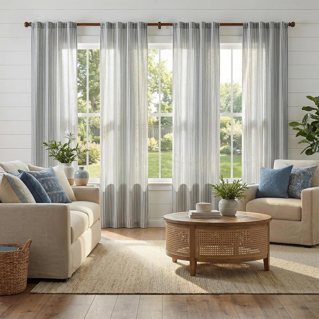 jinchan Linen Curtains 84 Inch Taupe Stripe on Linen Grommet 2 Panels