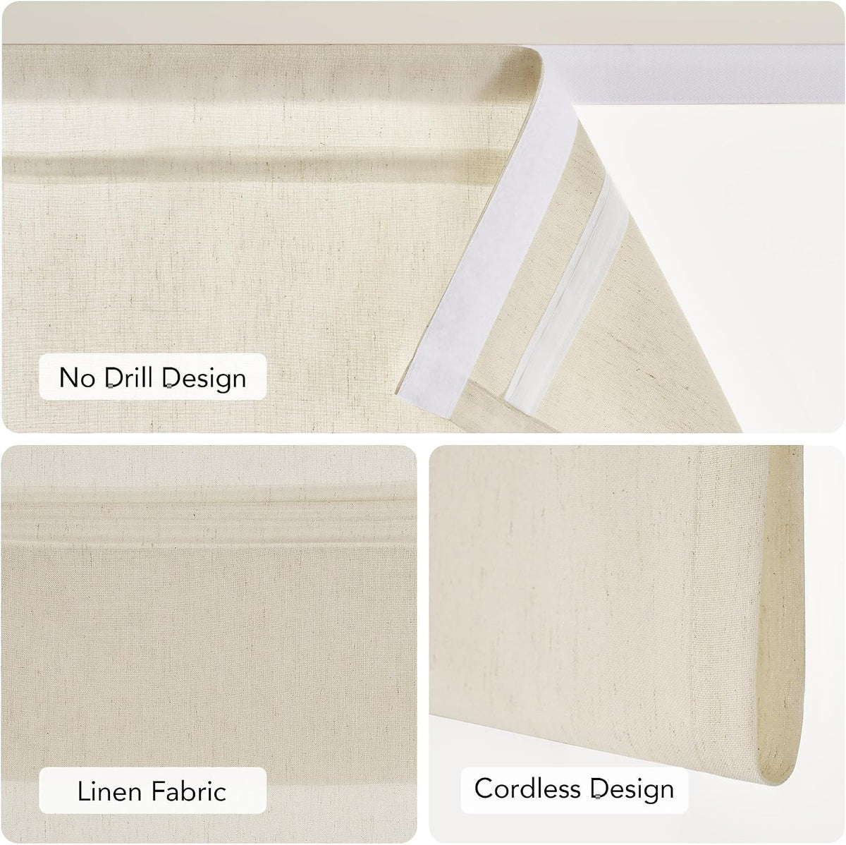 NICETOWN Natural Linen No Drill Roman Shades for Windows, French Front Door Curtain Solid Cordless Blinds for Farmhouse Door Window Covering with Light Filgtering, W26 x L69, 1Pc