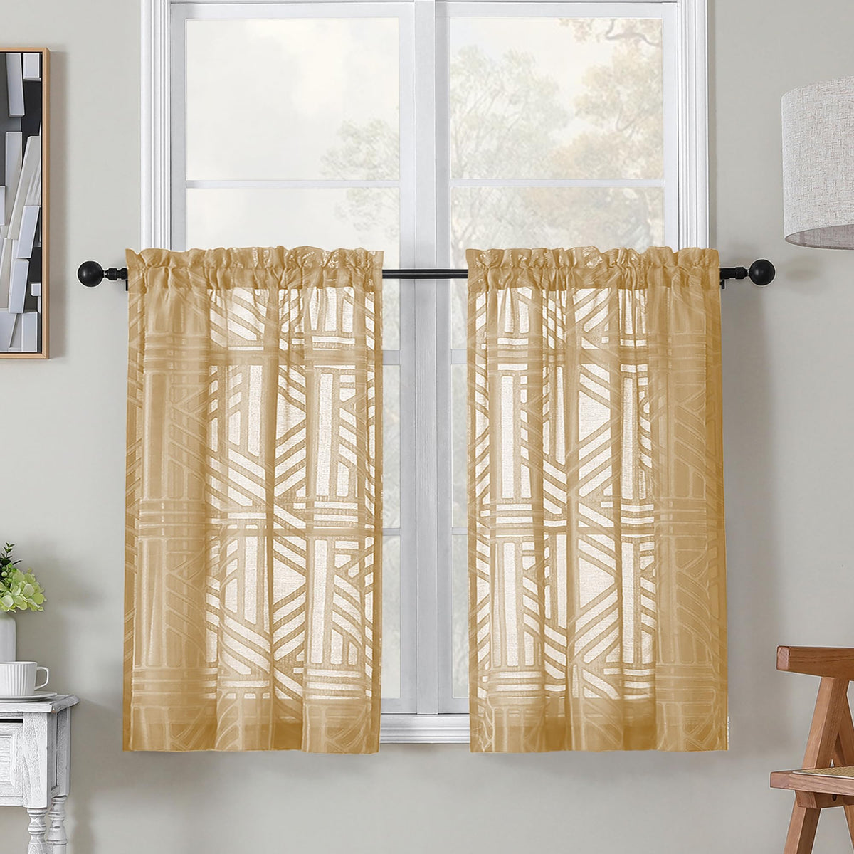 Simplebrand Dusty Blue Semi Sheer Curtains 45 Inch Length 2 Panels, Geometric Jacquard Clip Textured Short Sheer Curtains for Bedroom，Modern Elegant Window Curtains Drapes/Treatment Sheer，42x45 inch
