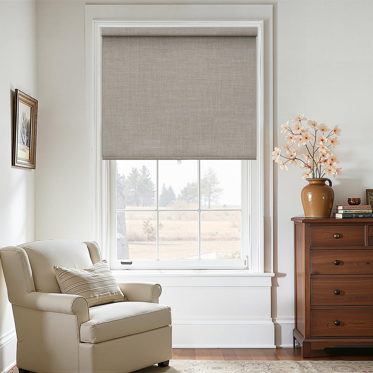 Blackout Roller Shades for Bedroom Window Cordless Free-Stop Blinds with Valance UV Protection 100% Black Out Linen Shades Blinds for Indoor Bathroom Windows Living Room Beige Oatmeal 34" W x 72" H