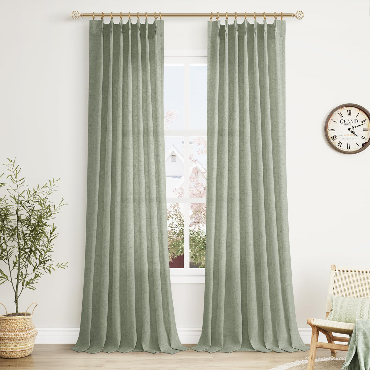 Aersas Linen Pinch Pleated Curtains 84 Inch Length 2 Panels Set for Living Room Cream Semi Sheer Window Curtain for Bedroom Boho Farmhouse Neutral Back Tab Drape Decor with Hooks, Natural Beige Ivory