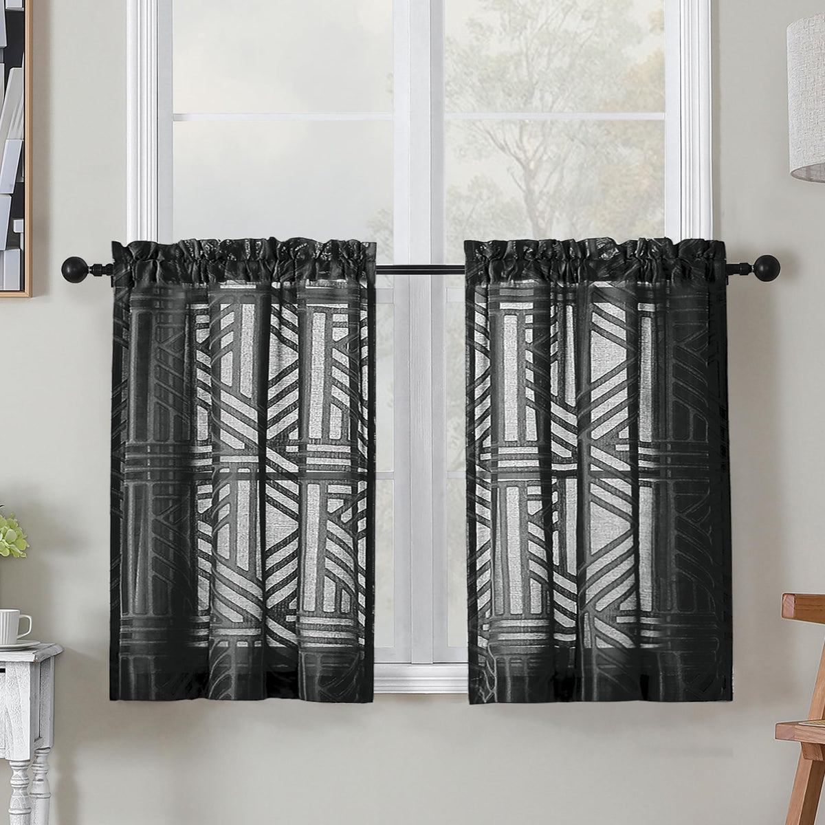 Simplebrand Dusty Blue Semi Sheer Curtains 45 Inch Length 2 Panels, Geometric Jacquard Clip Textured Short Sheer Curtains for Bedroom，Modern Elegant Window Curtains Drapes/Treatment Sheer，42x45 inch
