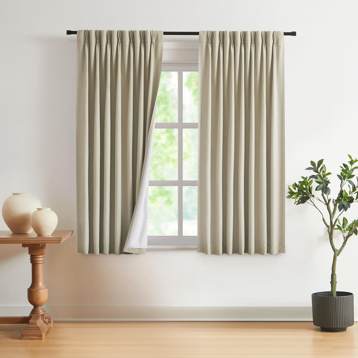 Vision Home Natural Pinch Pleated Full Blackout Curtains Linen Blended Room Darkening Window Curtains 108 inch for Living Room Bedroom Thermal Insulated Pinch Pleat Drapes with Hooks 40" Wx108 Lx2