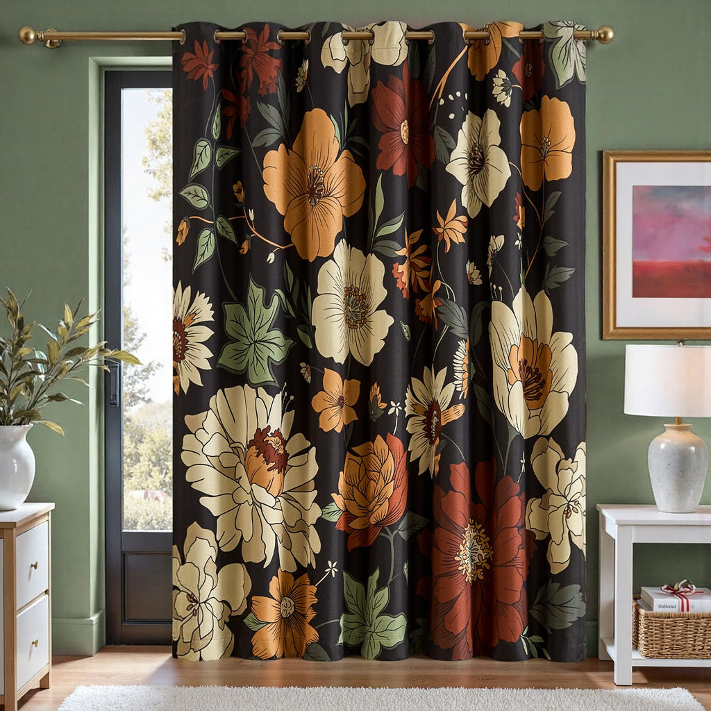 jinchan Black Boho Floral Blackout Curtains W100xL96 Grommet 1 Panel