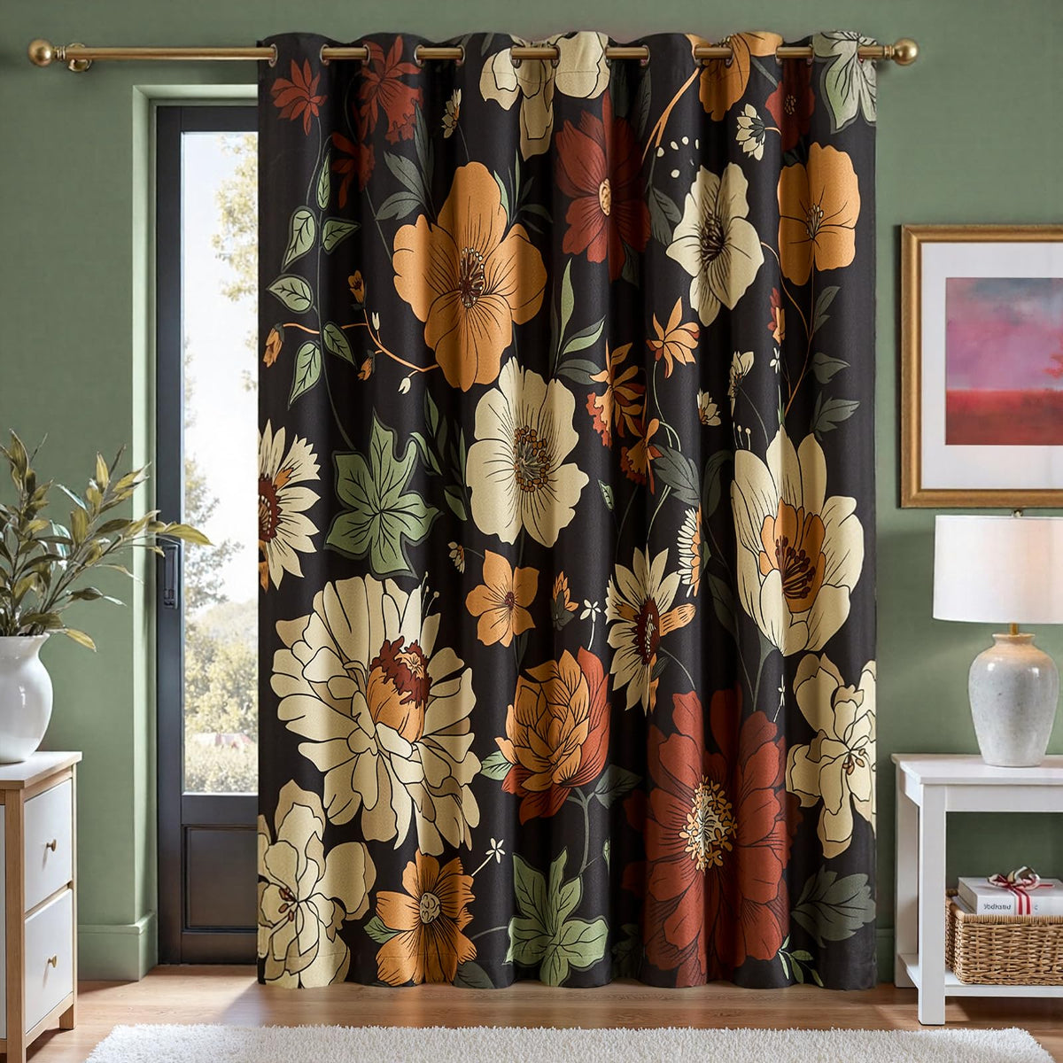 jinchan Black Boho Floral Blackout Curtains W100xL96 Grommet 1 Panel