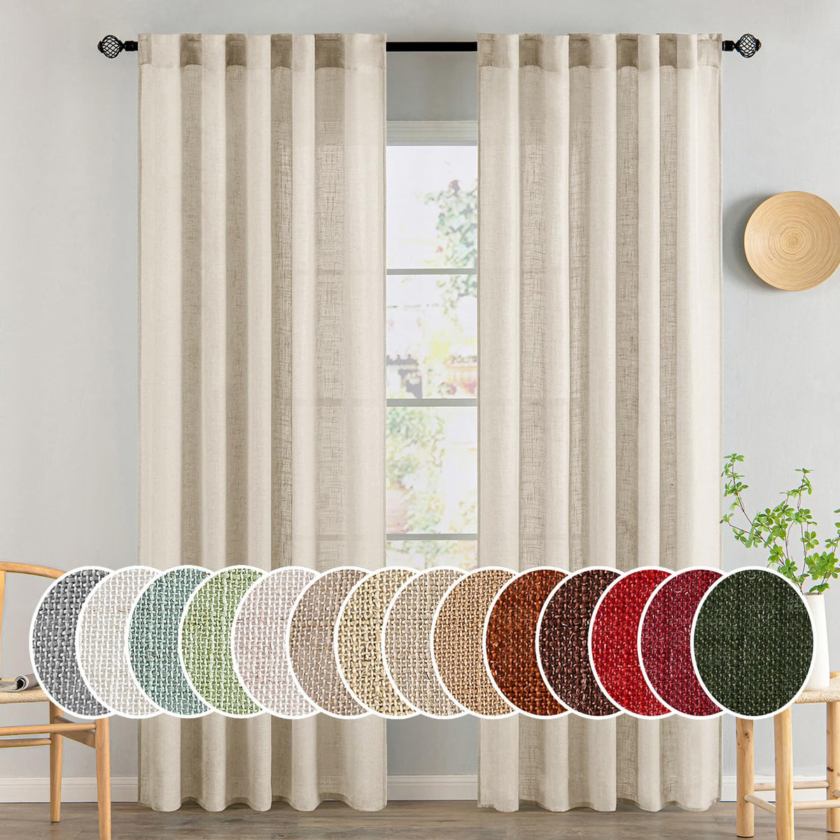 MIULEE Taupe Linen Curtains 52x84 Inch Length for Bedroom and Living Room