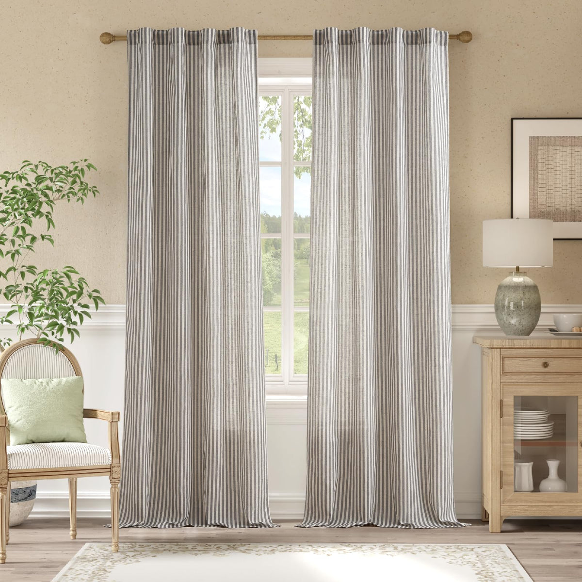 jinchan Linen Curtains 84 Inch Taupe Stripe on Linen Grommet 2 Panels