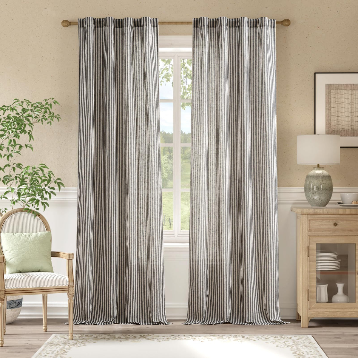 jinchan Linen Curtains 84 Inch Taupe Stripe on Linen Grommet 2 Panels
