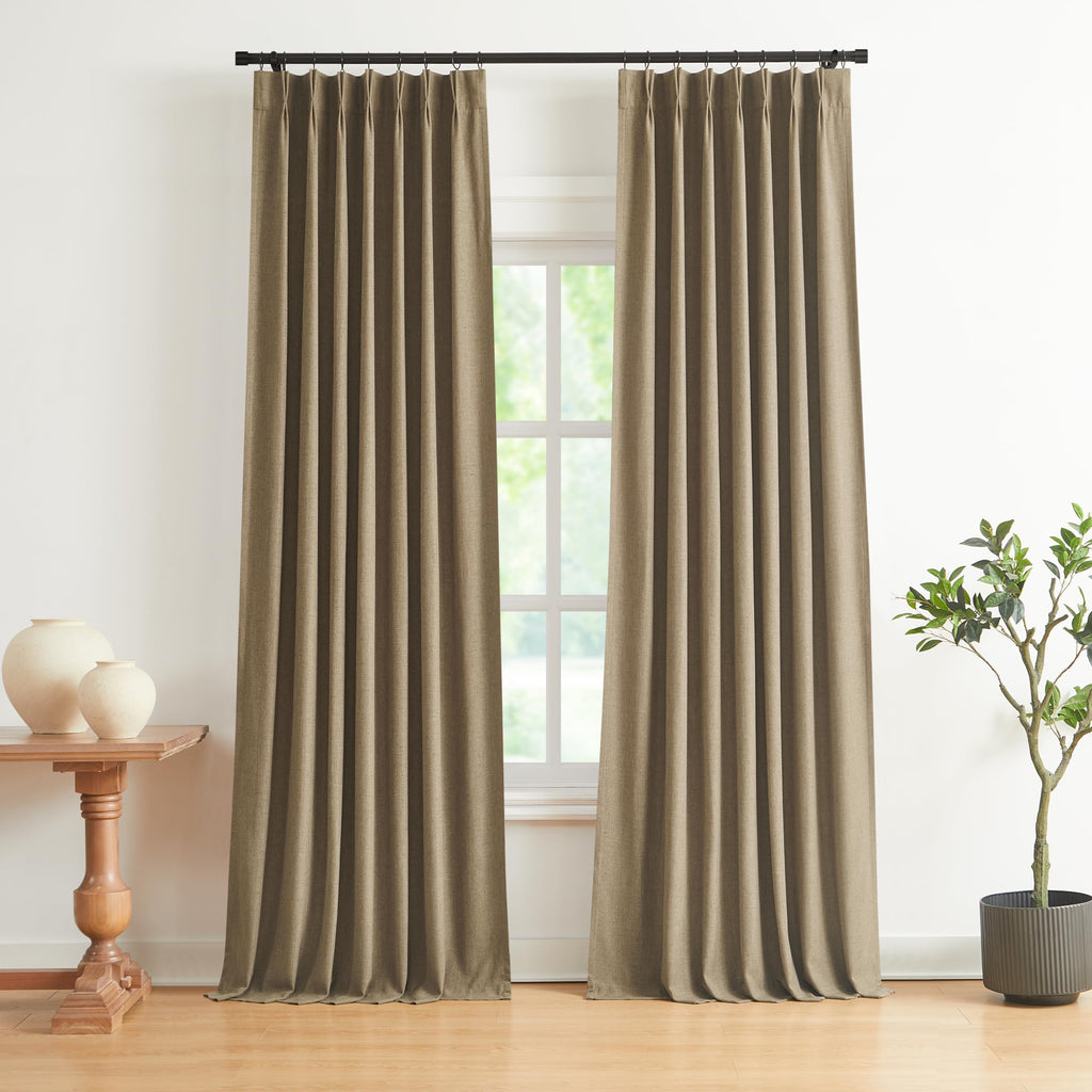 Vision Home Natural Pinch Pleated Full Blackout Curtains Linen Blended Room Darkening Window Curtains 108 inch for Living Room Bedroom Thermal Insulated Pinch Pleat Drapes with Hooks 40" Wx108 Lx2