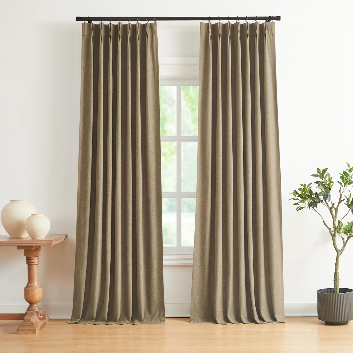 Vision Home Natural Pinch Pleated Full Blackout Curtains Linen Blended Room Darkening Window Curtains 108 inch for Living Room Bedroom Thermal Insulated Pinch Pleat Drapes with Hooks 40" Wx108 Lx2