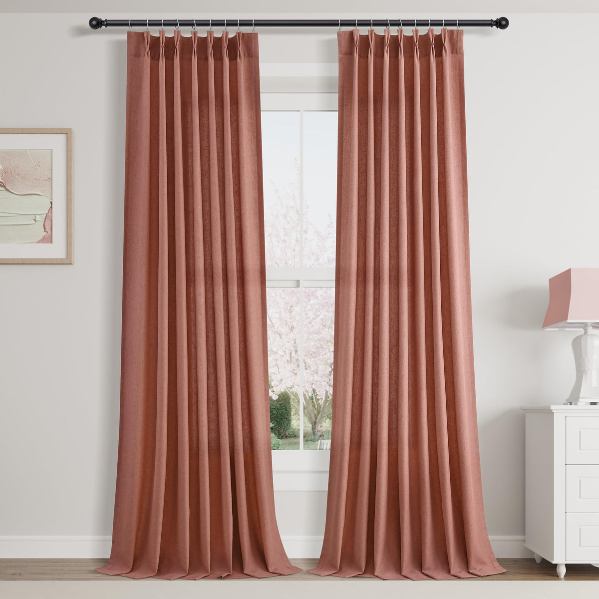 Aersas Linen Pinch Pleated Curtains 84 Inch Length 2 Panels Set for Living Room Cream Semi Sheer Window Curtain for Bedroom Boho Farmhouse Neutral Back Tab Drape Decor with Hooks, Natural Beige Ivory