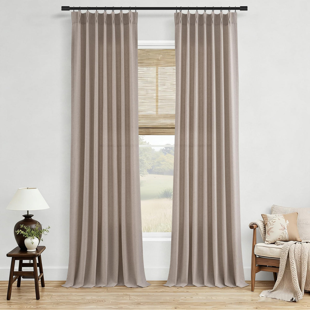 Aersas Linen Pinch Pleated Curtains 84 Inch Length 2 Panels Set for Living Room Cream Semi Sheer Window Curtain for Bedroom Boho Farmhouse Neutral Back Tab Drape Decor with Hooks, Natural Beige Ivory