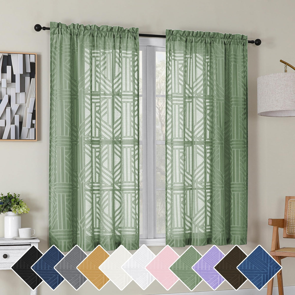 Simplebrand Dusty Blue Semi Sheer Curtains 45 Inch Length 2 Panels, Geometric Jacquard Clip Textured Short Sheer Curtains for Bedroom，Modern Elegant Window Curtains Drapes/Treatment Sheer，42x45 inch
