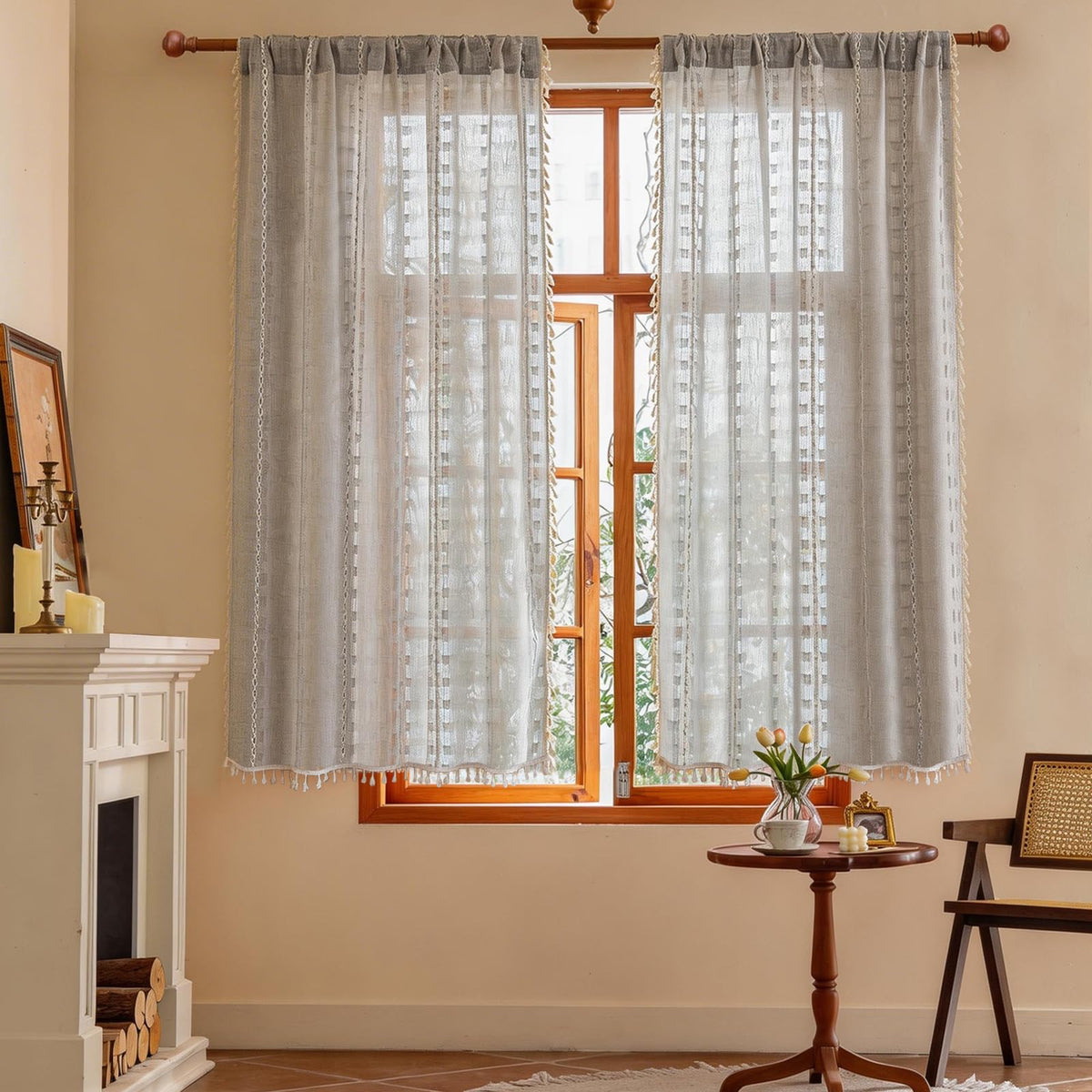 Boho Sheer Sage Green Curtains 84 inches Long 2 Panels for Living Room Bedroom,Farmhouse, Bohemian Tassels Country Light Filtering Xmas Curtains Shabby Chic Embroidery Striped Draps Back Tab, 50" W
