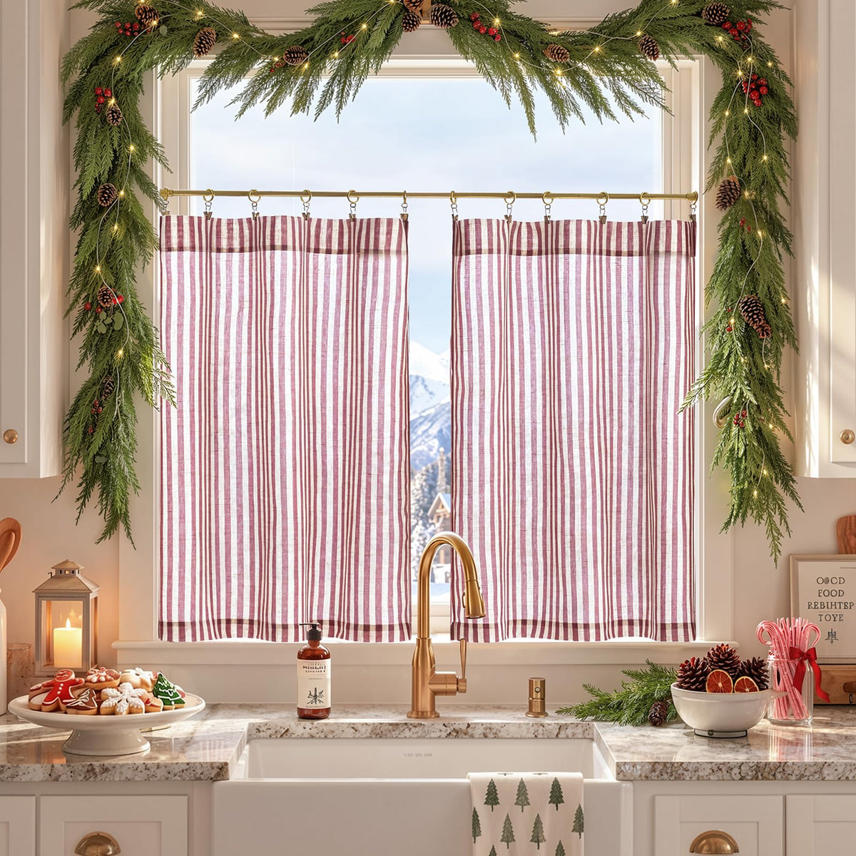 jinchan Striped Linen Kitchen Curtains 36 Inches Length Tier Curtains Farmhouse Modern Cafe Style Small Window Treatments Airy Light Filtering Rod Pocket for Living Room Bathroom 2 Panels Sage Green