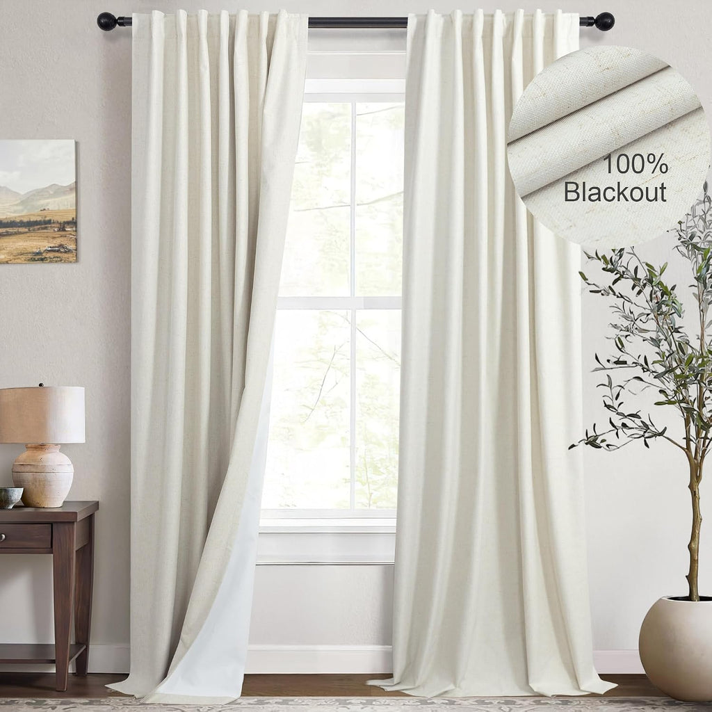 Natural Linen Back Tab Blackout Curtains & Drapes 96 Inch Long for Bedroom Livingroom Farmhouse Curtain 2 Panel Neutral Cute Black Out Room Darkening Thermal Insulated 8ft Pleated Window Curtain Cream