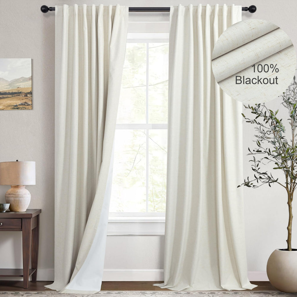 Natural Linen Back Tab Blackout Curtains & Drapes 96 Inch Long for Bedroom Livingroom Farmhouse Curtain 2 Panel Neutral Cute Black Out Room Darkening Thermal Insulated 8ft Pleated Window Curtain Cream