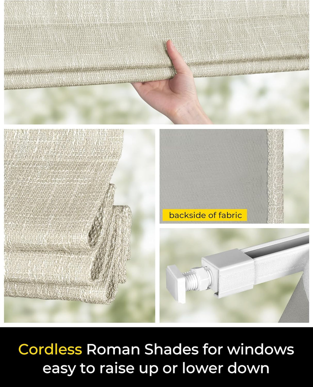 UNISHADES No Drill Cordless Roman Shades, Room Darkening, 35×64 in Beige