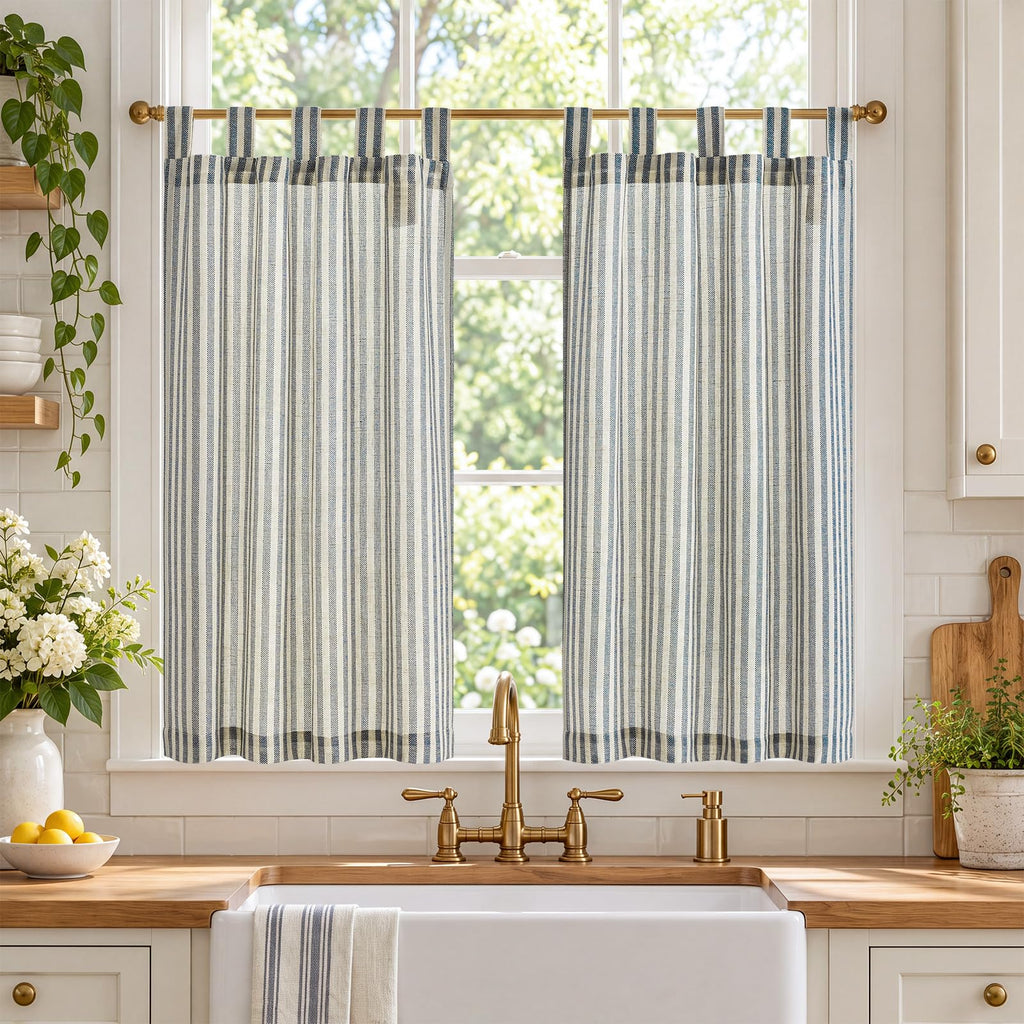 jinchan Striped Linen Kitchen Curtains 36 Inches Length Tier Curtains Farmhouse Modern Cafe Style Small Window Treatments Airy Light Filtering Rod Pocket for Living Room Bathroom 2 Panels Sage Green