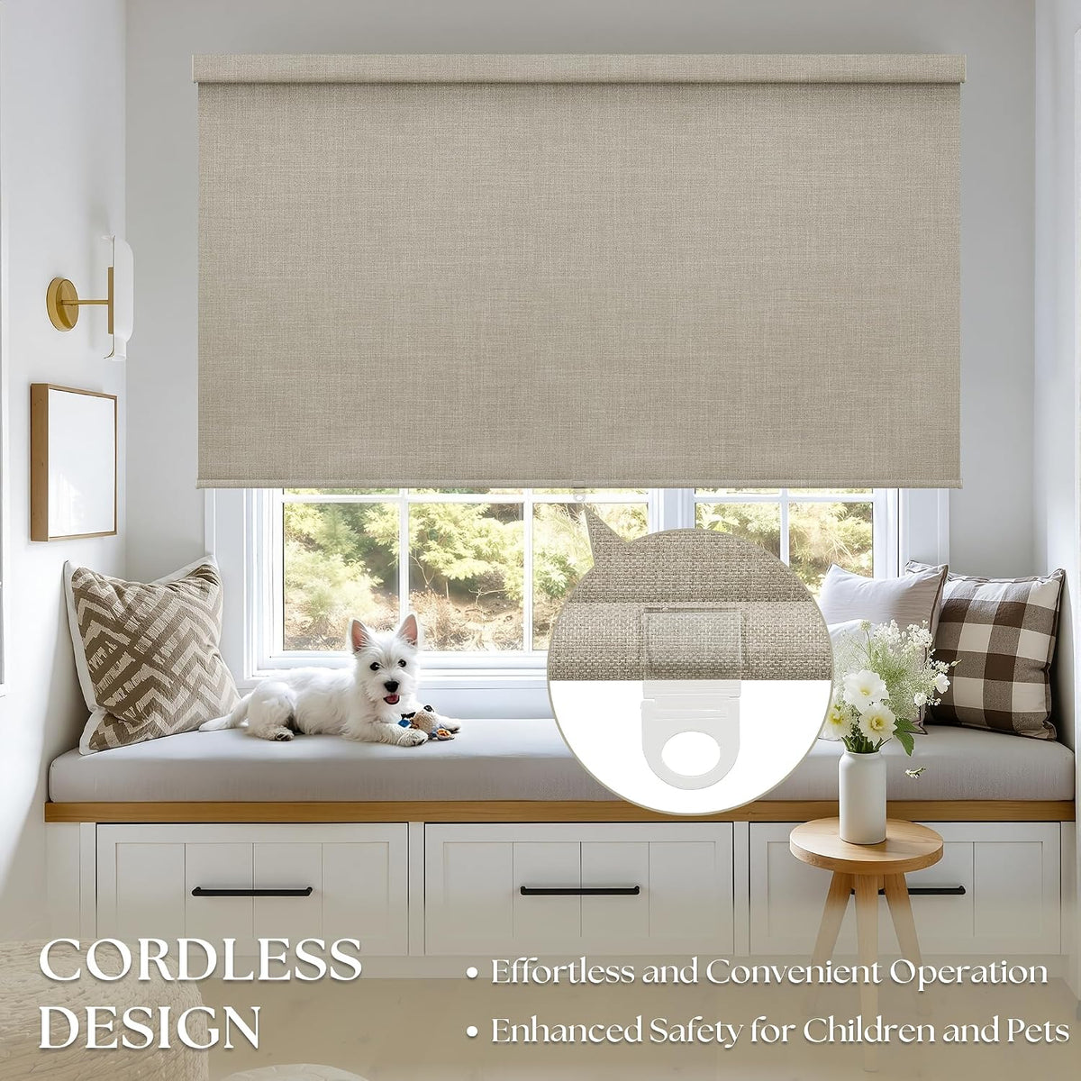 Extra Wide Beige Roller Shades 100% Blackout Blinds for Large Window Bedroom Living Room Dining Free-Stop Cordless Thermal Insulated Black Out Shades with Valance, Room Darkening Blinds Oatmeal,72x72