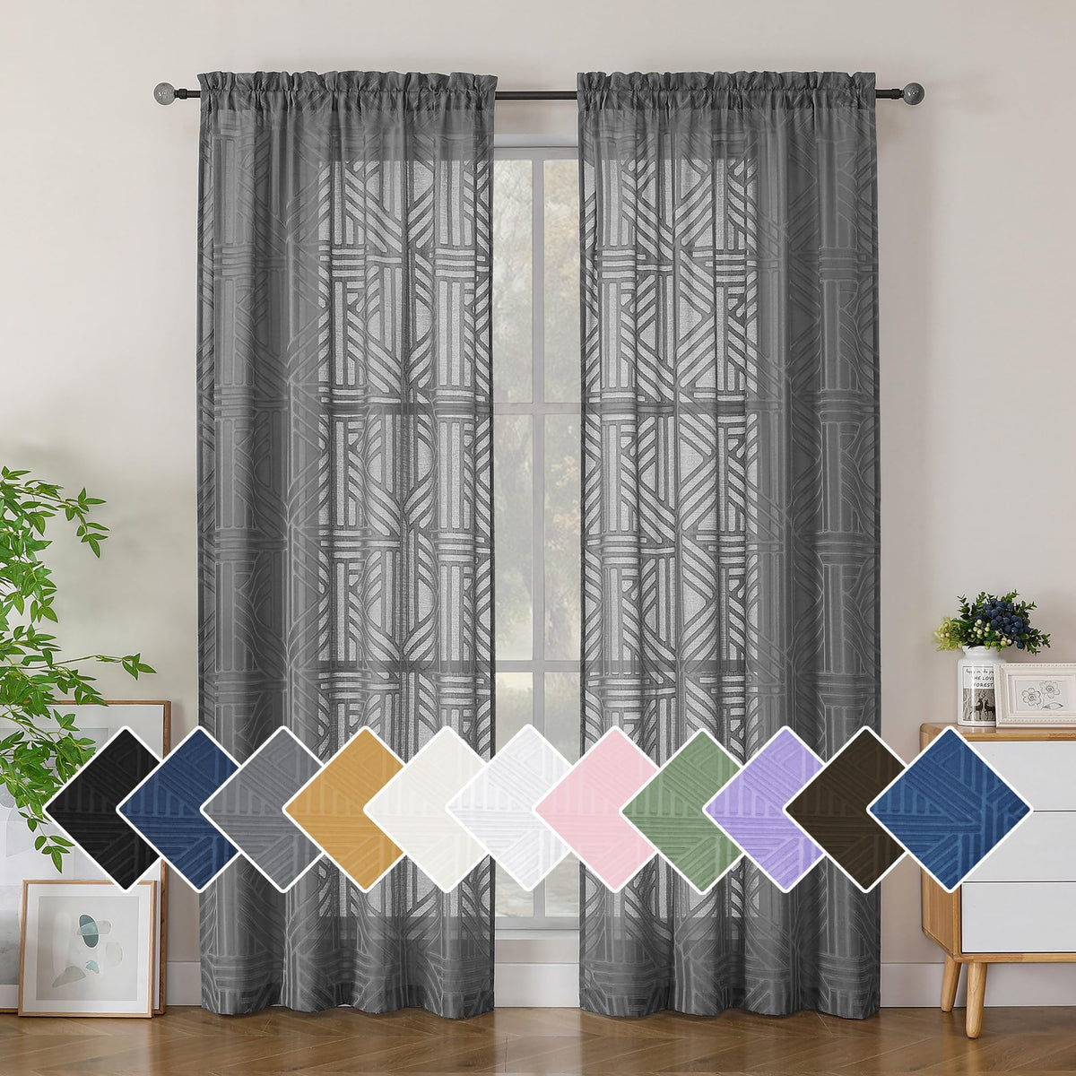 Simplebrand Dusty Blue Semi Sheer Curtains 45 Inch Length 2 Panels, Geometric Jacquard Clip Textured Short Sheer Curtains for Bedroom，Modern Elegant Window Curtains Drapes/Treatment Sheer，42x45 inch