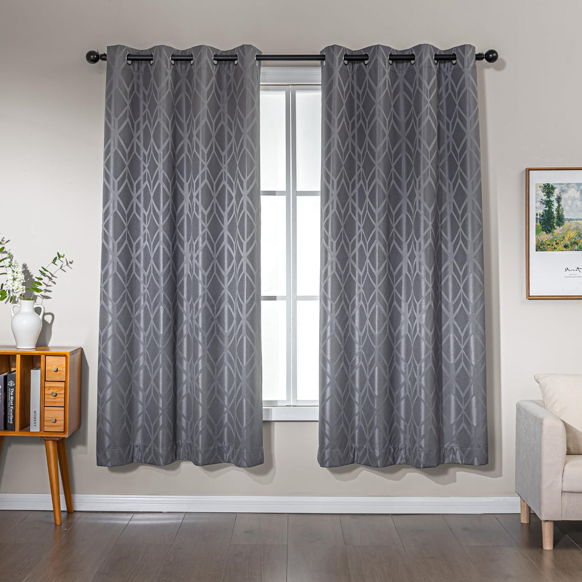 Amazon Basics Jacquard 2-Piece 100% Blackout Curtains, Living Room and Bedroom Drapes, Thermal Insulated Window Treatment, 52"x84", Beige