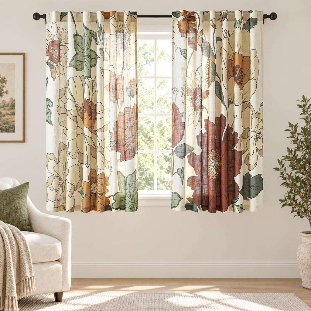 jinchan Beige Floral Linen Curtains 84 Inch Farmhouse Back Tab 2 Panels