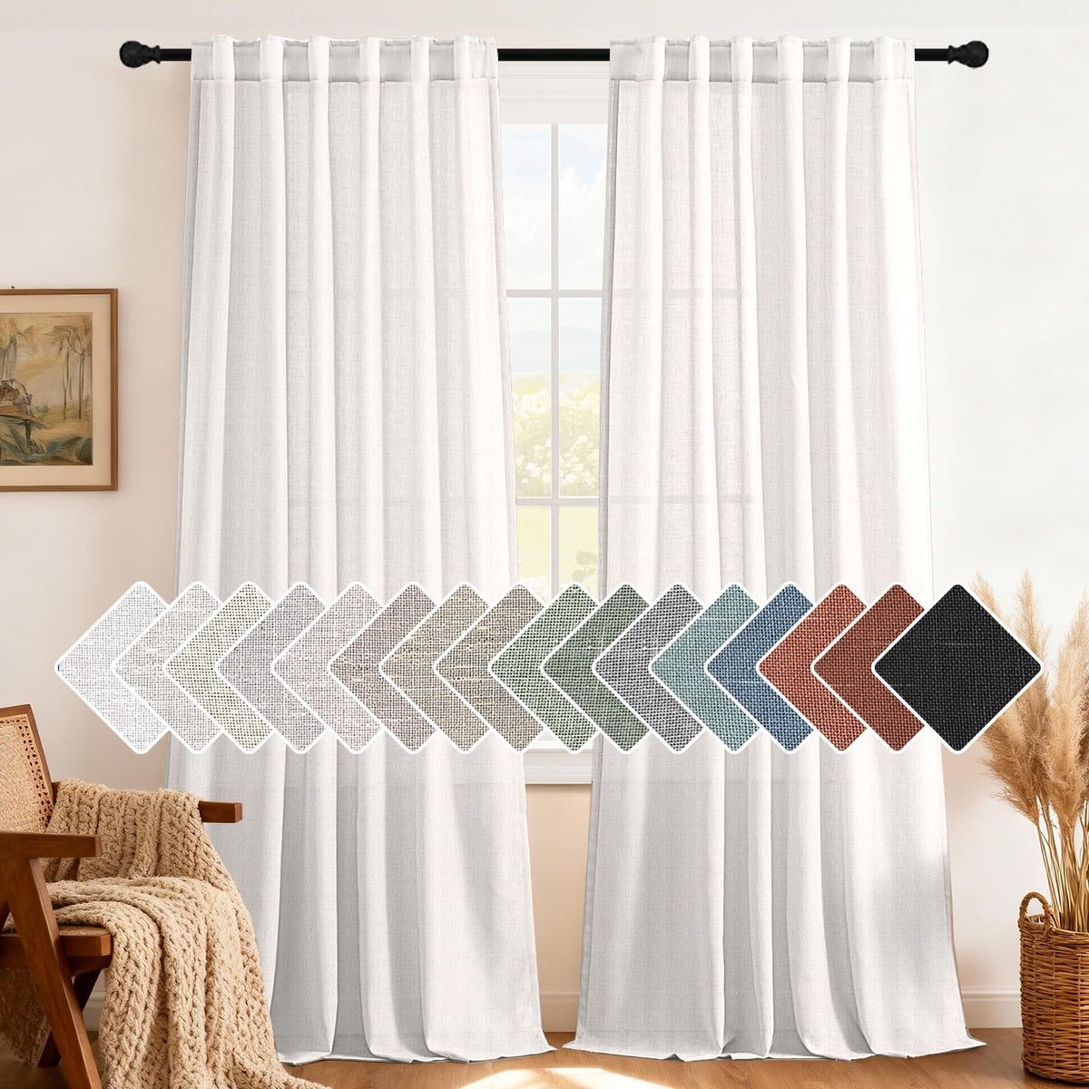H.VERSAILTEX Natural Linen Grommet Curtains 84 Inch Length for Living Room 2 Panel Drape Semi Sheer Neutral Country Rustic Farmhouse Boho Curtain Bedroom Muslin Look Light Filtering, Heathered Natural