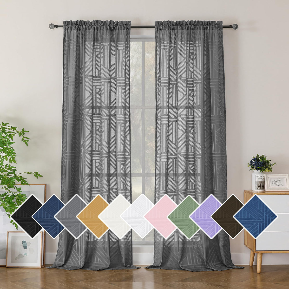 Simplebrand Dusty Blue Semi Sheer Curtains 45 Inch Length 2 Panels, Geometric Jacquard Clip Textured Short Sheer Curtains for Bedroom，Modern Elegant Window Curtains Drapes/Treatment Sheer，42x45 inch