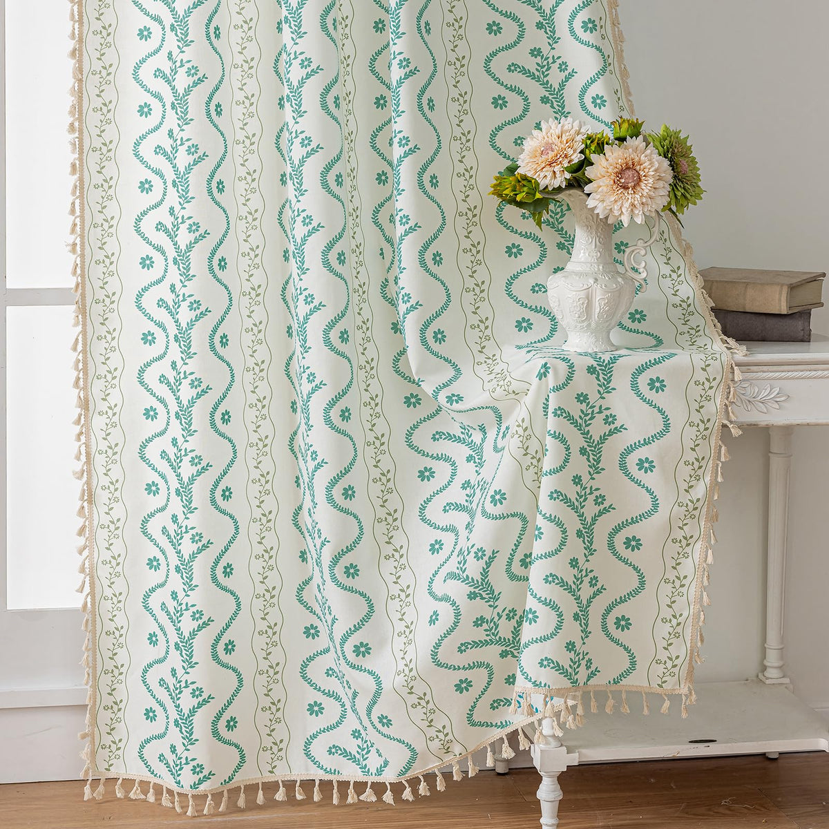 Navy Blue Boho Curtains 72 Inch Long for Living Room, Bedroom, 2 Panels Floral Farmhouse Vintage Tassel Semi Sheer Light Filtering Privacy Window Curtain Drapes with Rod Pocket, Navy Blue