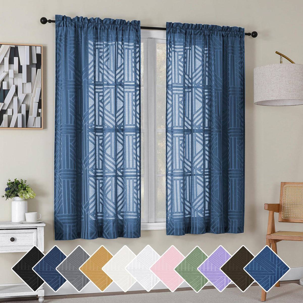 Simplebrand Dusty Blue Semi Sheer Curtains 45 Inch Length 2 Panels, Geometric Jacquard Clip Textured Short Sheer Curtains for Bedroom，Modern Elegant Window Curtains Drapes/Treatment Sheer，42x45 inch