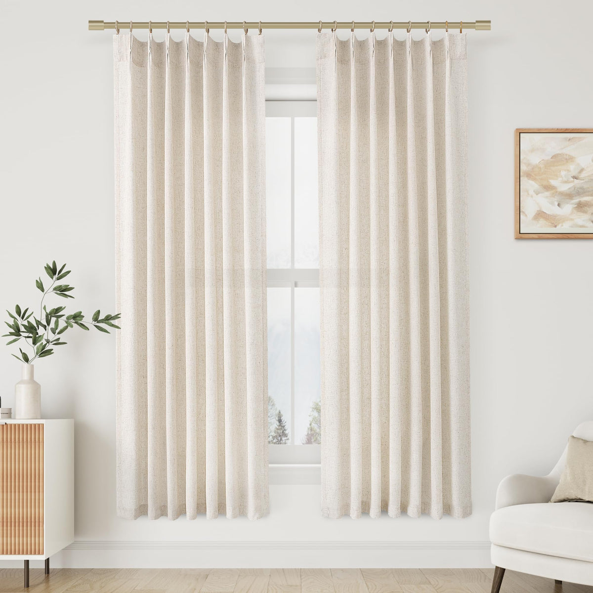 Aersas Linen Pinch Pleated Curtains 84 Inch Length 2 Panels Set for Living Room Cream Semi Sheer Window Curtain for Bedroom Boho Farmhouse Neutral Back Tab Drape Decor with Hooks, Natural Beige Ivory