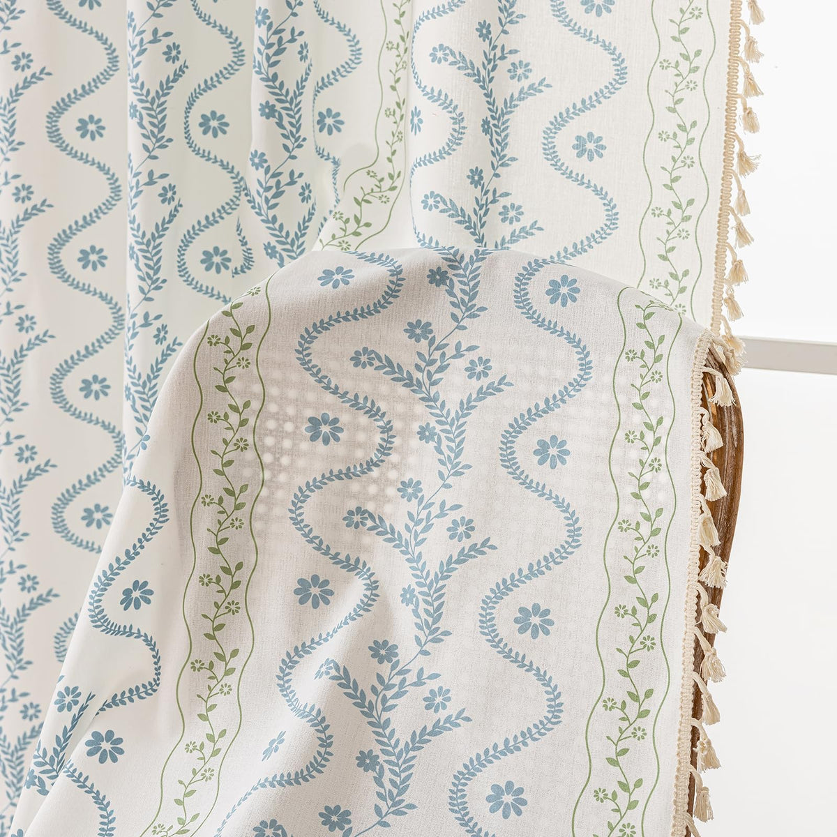 Navy Blue Boho Curtains 72 Inch Long for Living Room, Bedroom, 2 Panels Floral Farmhouse Vintage Tassel Semi Sheer Light Filtering Privacy Window Curtain Drapes with Rod Pocket, Navy Blue