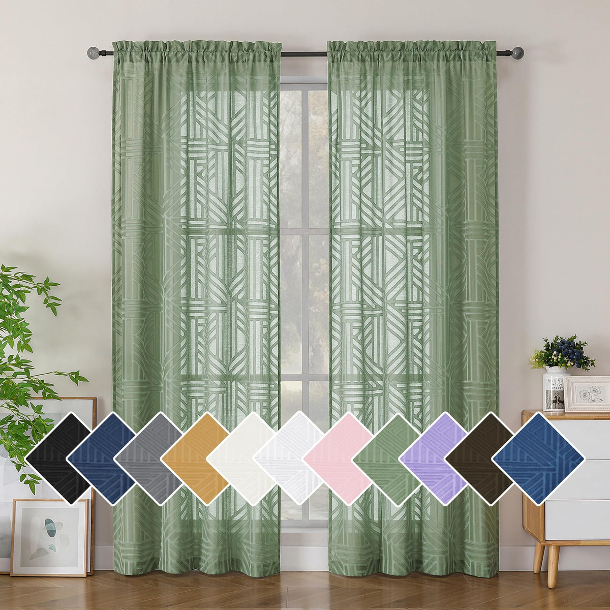 Simplebrand Dusty Blue Semi Sheer Curtains 45 Inch Length 2 Panels, Geometric Jacquard Clip Textured Short Sheer Curtains for Bedroom，Modern Elegant Window Curtains Drapes/Treatment Sheer，42x45 inch