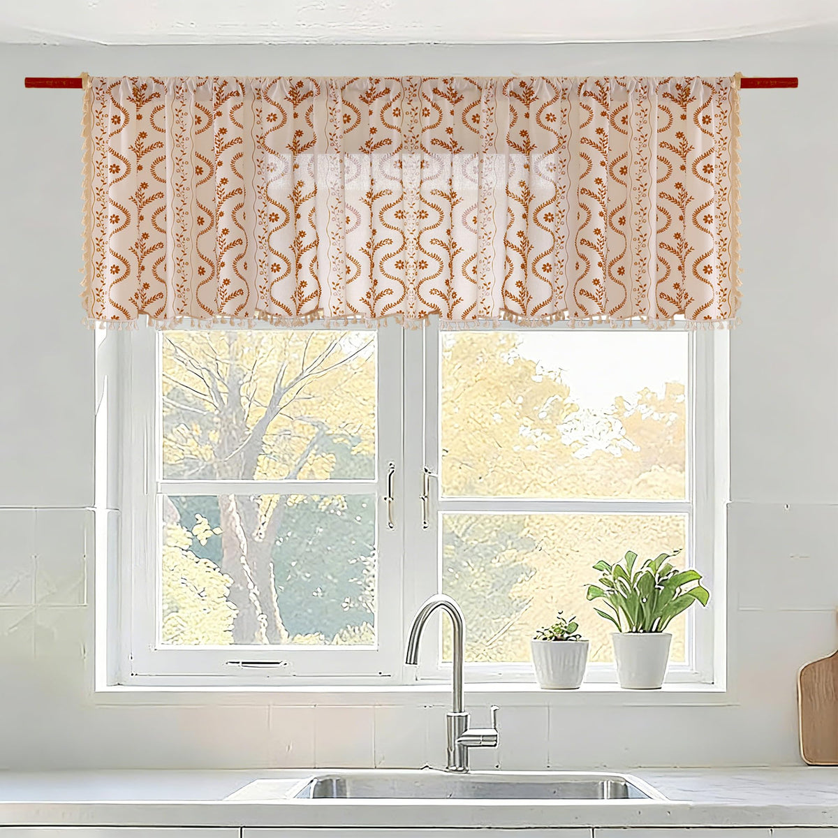 Navy Blue Boho Curtains 72 Inch Long for Living Room, Bedroom, 2 Panels Floral Farmhouse Vintage Tassel Semi Sheer Light Filtering Privacy Window Curtain Drapes with Rod Pocket, Navy Blue