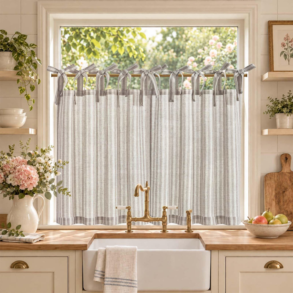 jinchan Striped Linen Kitchen Curtains 36 Inches Length Tier Curtains Farmhouse Modern Cafe Style Small Window Treatments Airy Light Filtering Rod Pocket for Living Room Bathroom 2 Panels Sage Green
