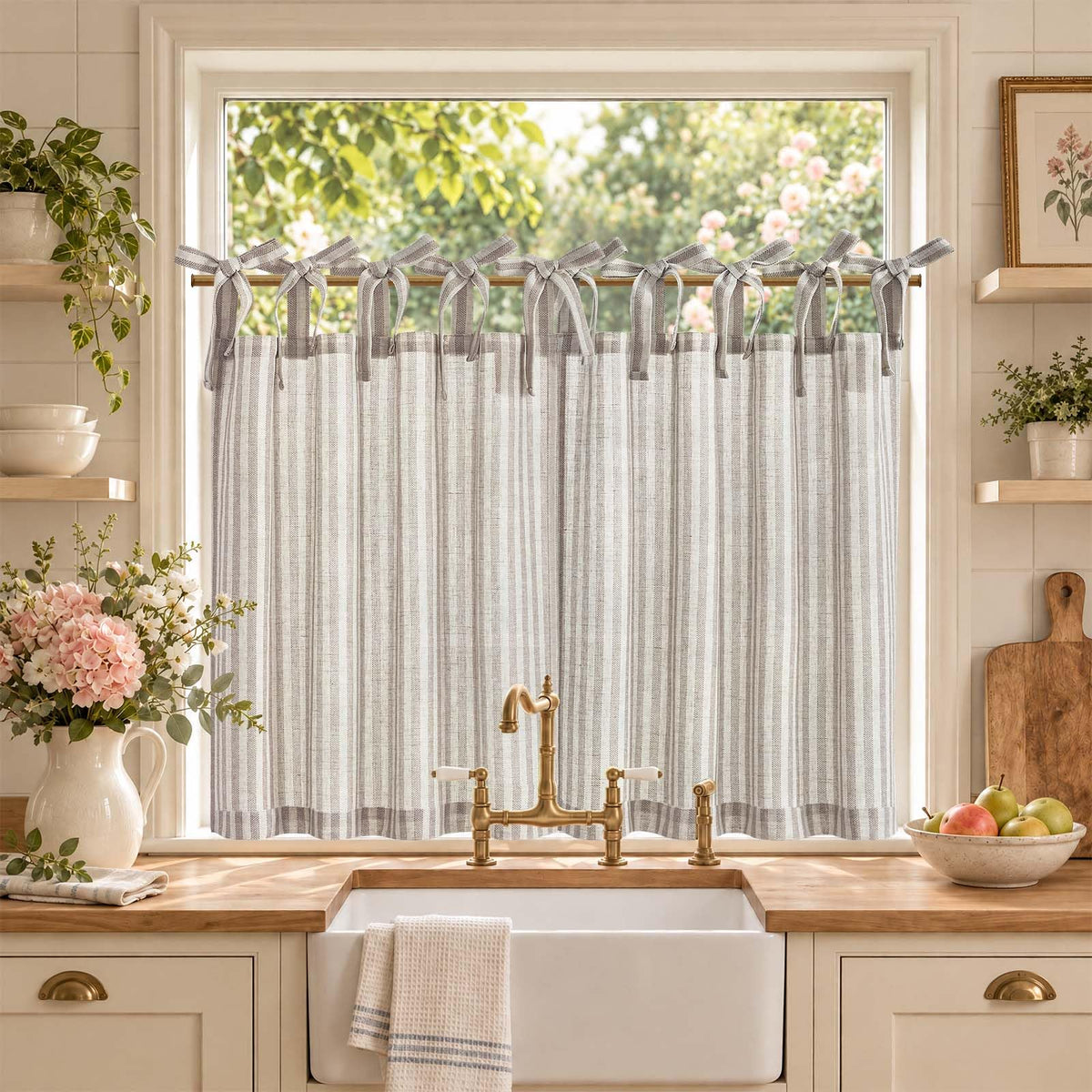 jinchan Striped Linen Kitchen Curtains 36 Inches Length Tier Curtains Farmhouse Modern Cafe Style Small Window Treatments Airy Light Filtering Rod Pocket for Living Room Bathroom 2 Panels Sage Green