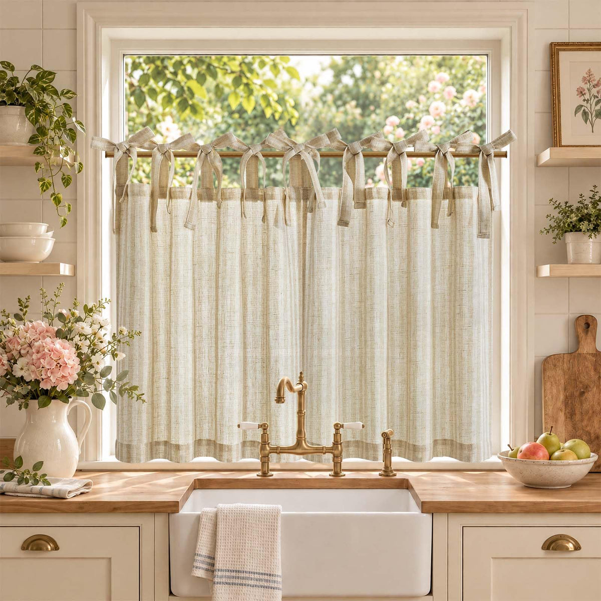 jinchan Striped Linen Kitchen Curtains 36 Inches Length Tier Curtains Farmhouse Modern Cafe Style Small Window Treatments Airy Light Filtering Rod Pocket for Living Room Bathroom 2 Panels Sage Green
