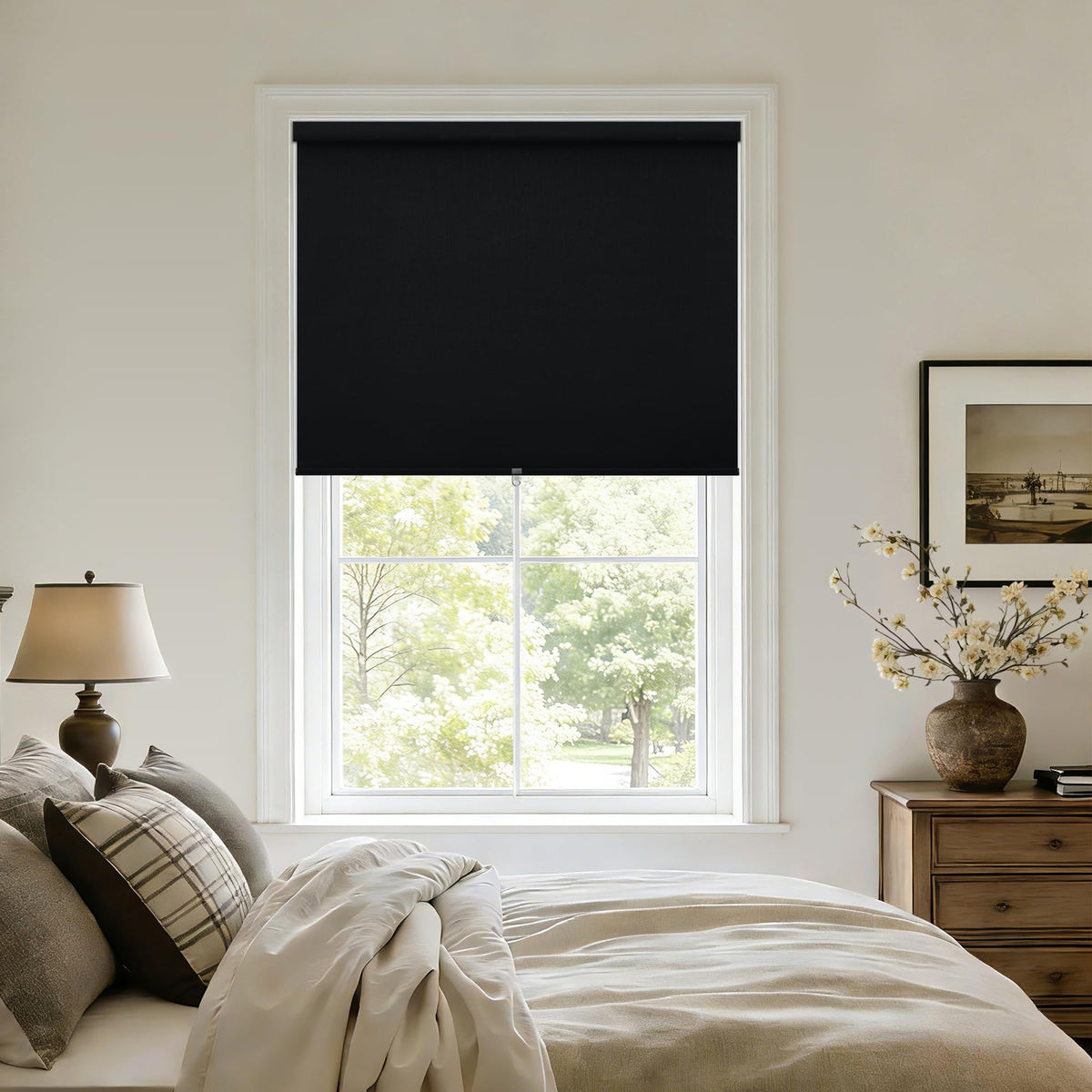 Blackout Roller Shades for Bedroom Window Cordless Free-Stop Blinds with Valance UV Protection 100% Black Out Linen Shades Blinds for Indoor Bathroom Windows Living Room Beige Oatmeal 34" W x 72" H