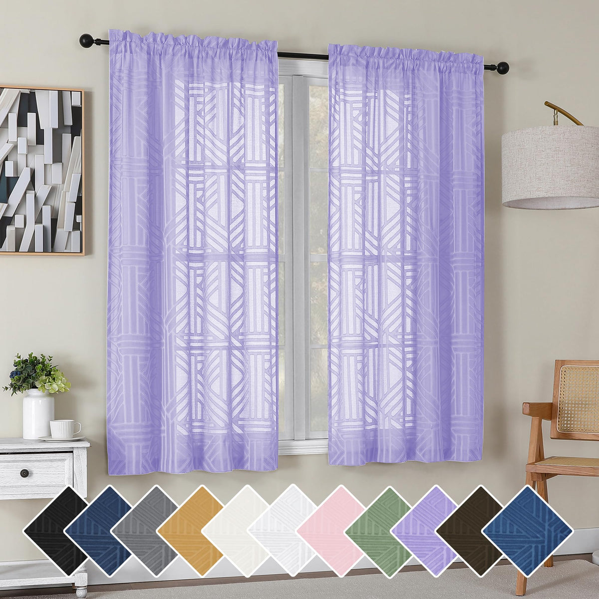 Simplebrand Dusty Blue Semi Sheer Curtains 45 Inch Length 2 Panels, Geometric Jacquard Clip Textured Short Sheer Curtains for Bedroom，Modern Elegant Window Curtains Drapes/Treatment Sheer，42x45 inch