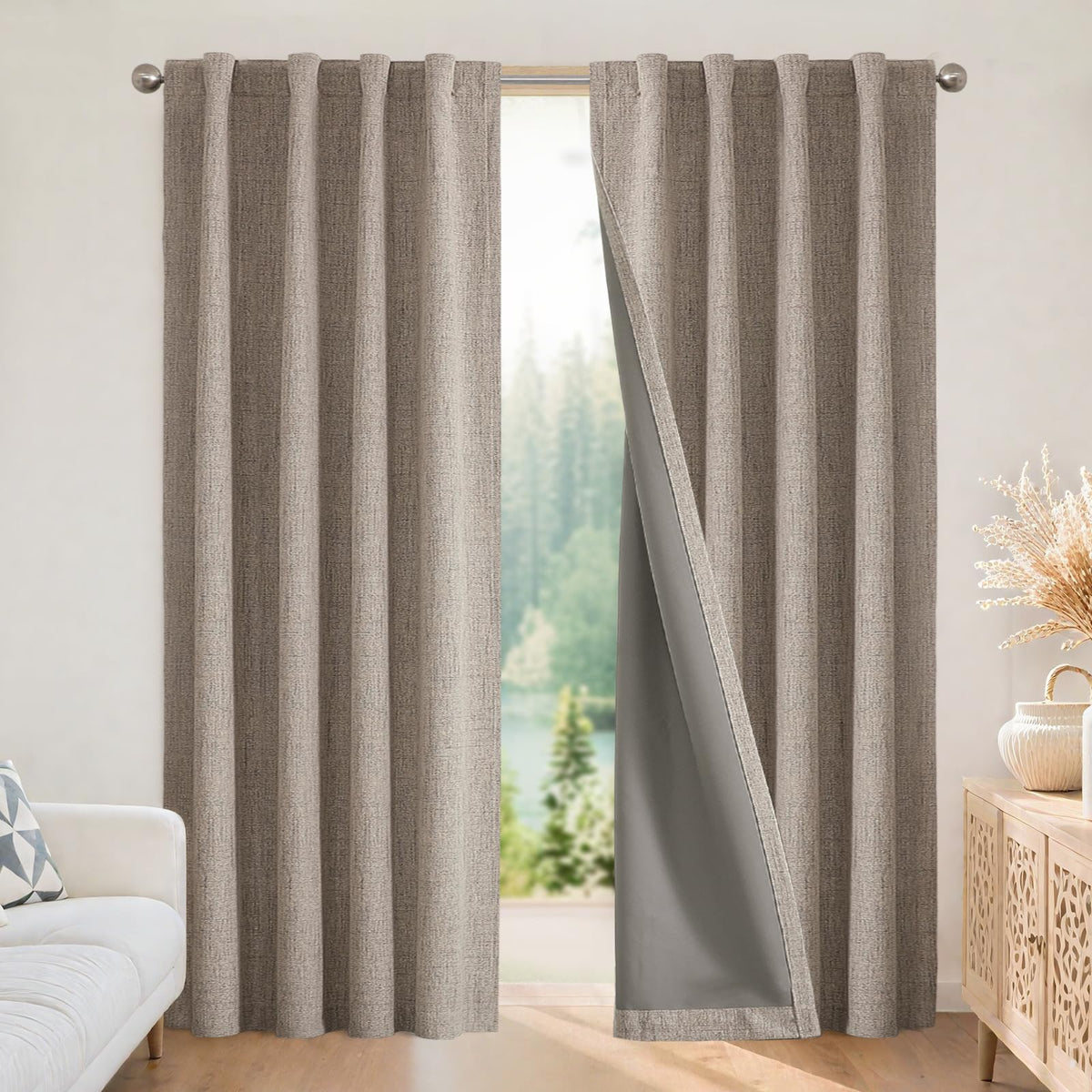 Joydeco Blackout Curtains for Bedroom - 84 Inch Long 100% Light Blocking 2 Panels Light Beige Drapes, Thermal Insulated Room Darkening Curtains, Linen Textured for Living Room, Rod Pocket & Back Tabs