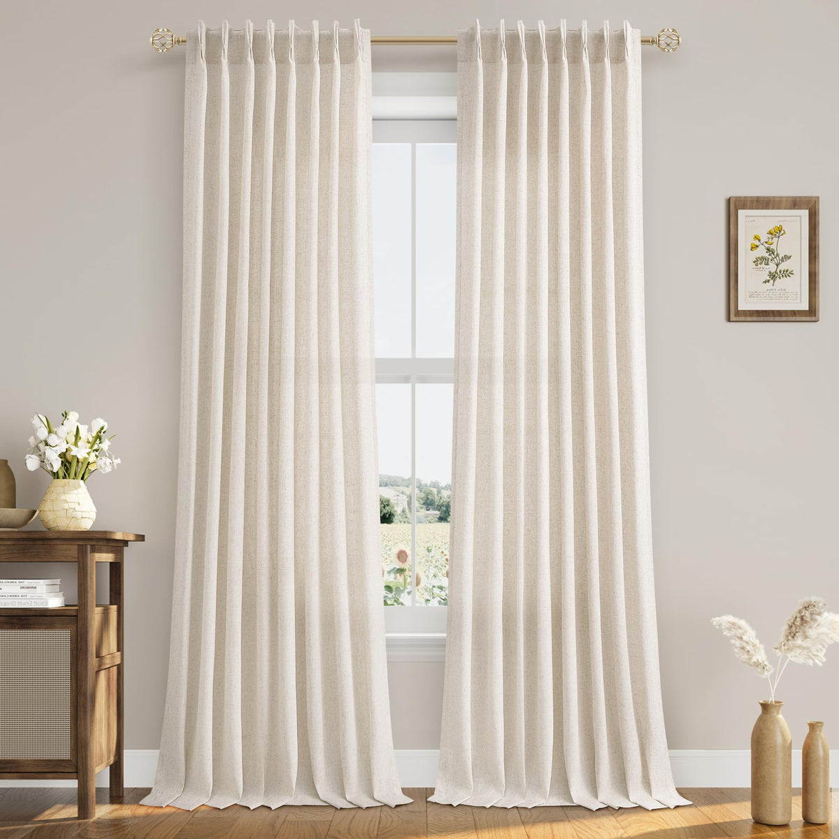 Aersas Linen Pinch Pleated Curtains 84 Inch Length 2 Panels Set for Living Room Cream Semi Sheer Window Curtain for Bedroom Boho Farmhouse Neutral Back Tab Drape Decor with Hooks, Natural Beige Ivory