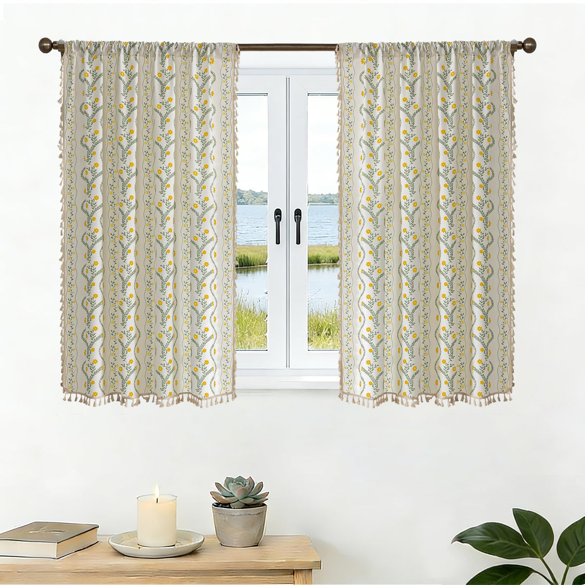 Navy Blue Boho Curtains 72 Inch Long for Living Room, Bedroom, 2 Panels Floral Farmhouse Vintage Tassel Semi Sheer Light Filtering Privacy Window Curtain Drapes with Rod Pocket, Navy Blue