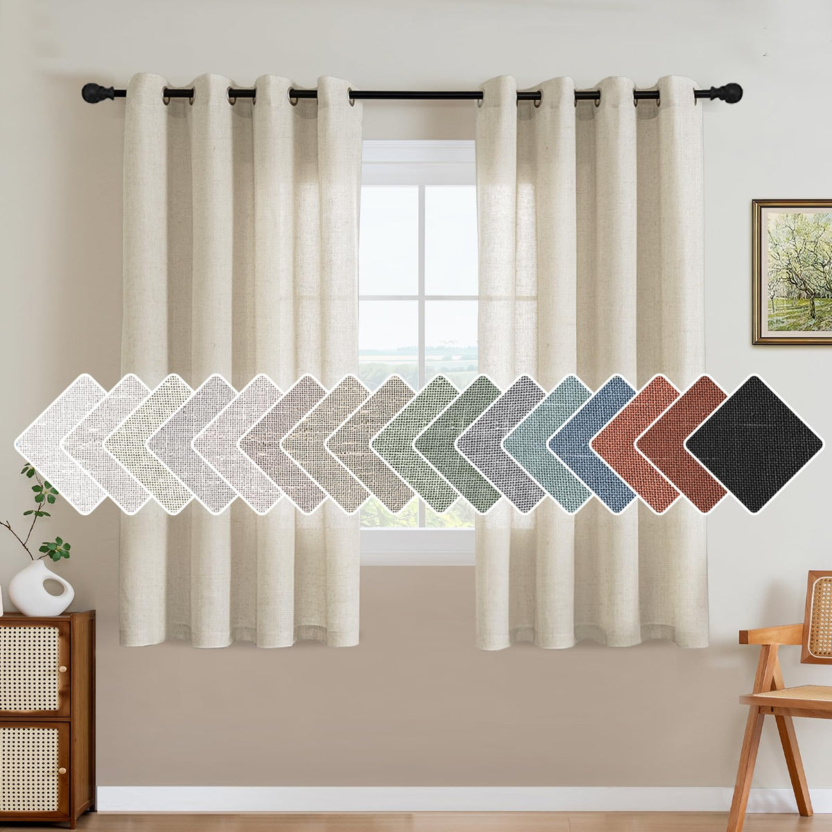 H.VERSAILTEX Natural Linen Grommet Curtains 84 Inch Length for Living Room 2 Panel Drape Semi Sheer Neutral Country Rustic Farmhouse Boho Curtain Bedroom Muslin Look Light Filtering, Heathered Natural