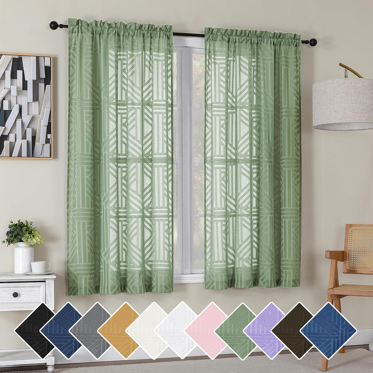 Simplebrand Dusty Blue Semi Sheer Curtains 45 Inch Length 2 Panels, Geometric Jacquard Clip Textured Short Sheer Curtains for Bedroom，Modern Elegant Window Curtains Drapes/Treatment Sheer，42x45 inch