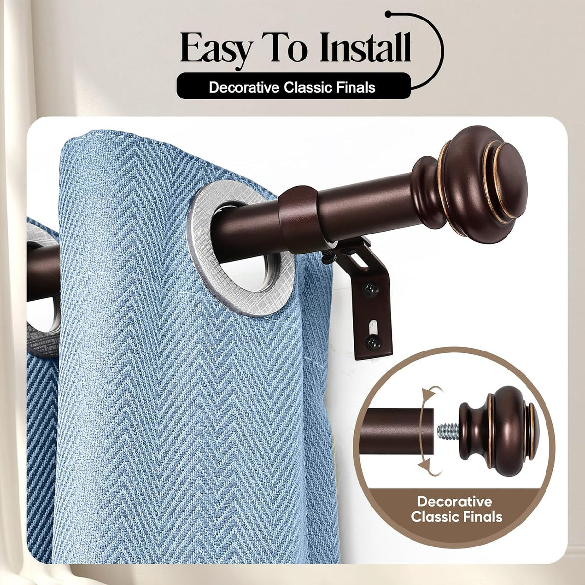 SIMEWIN Heavy Duty Curtain Rods for Windows 48 to 84 Inches, Bronze Curtain Rods with Classic Finials for Bedroom, Living Room, Patio, Kitchen