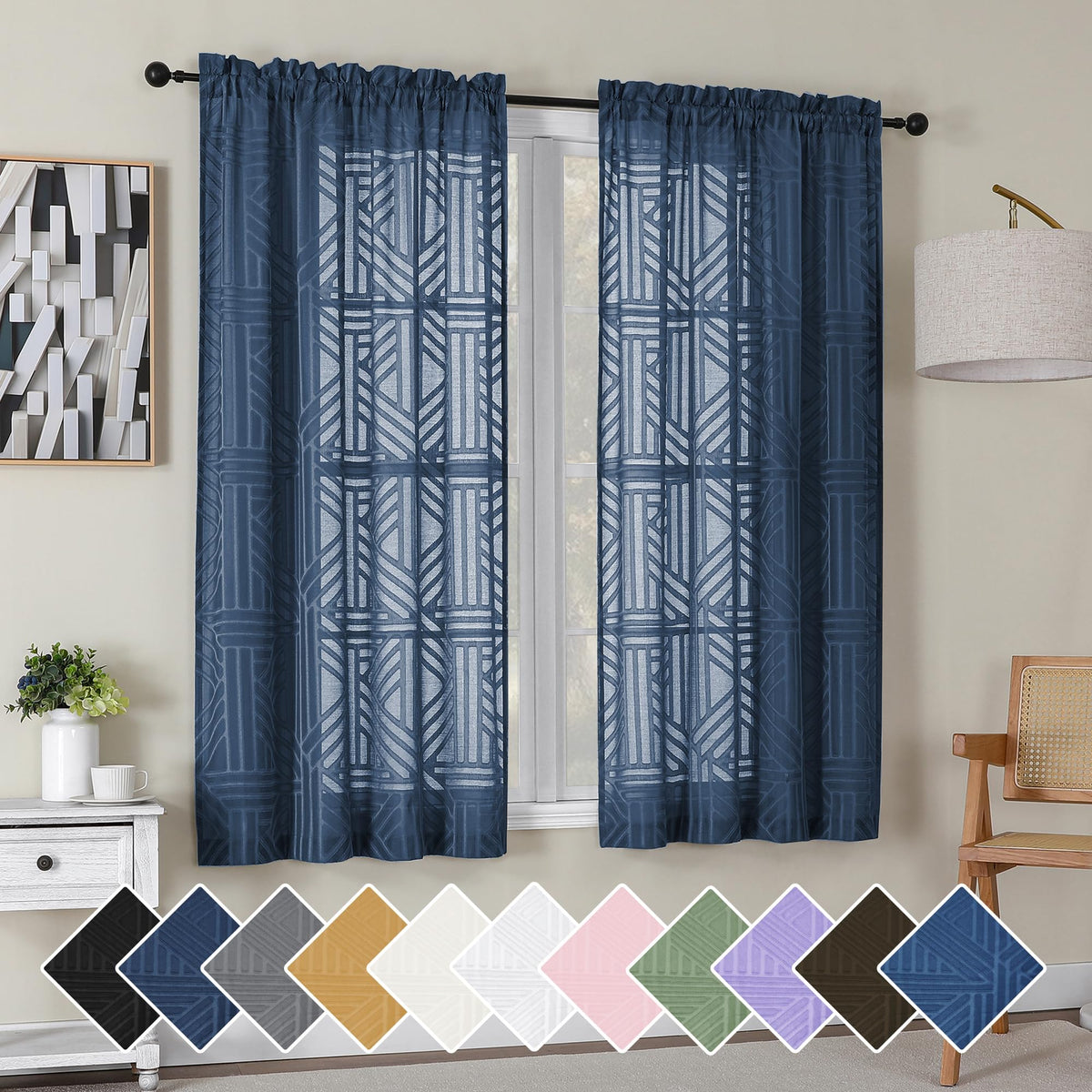 Simplebrand Dusty Blue Semi Sheer Curtains 45 Inch Length 2 Panels, Geometric Jacquard Clip Textured Short Sheer Curtains for Bedroom，Modern Elegant Window Curtains Drapes/Treatment Sheer，42x45 inch
