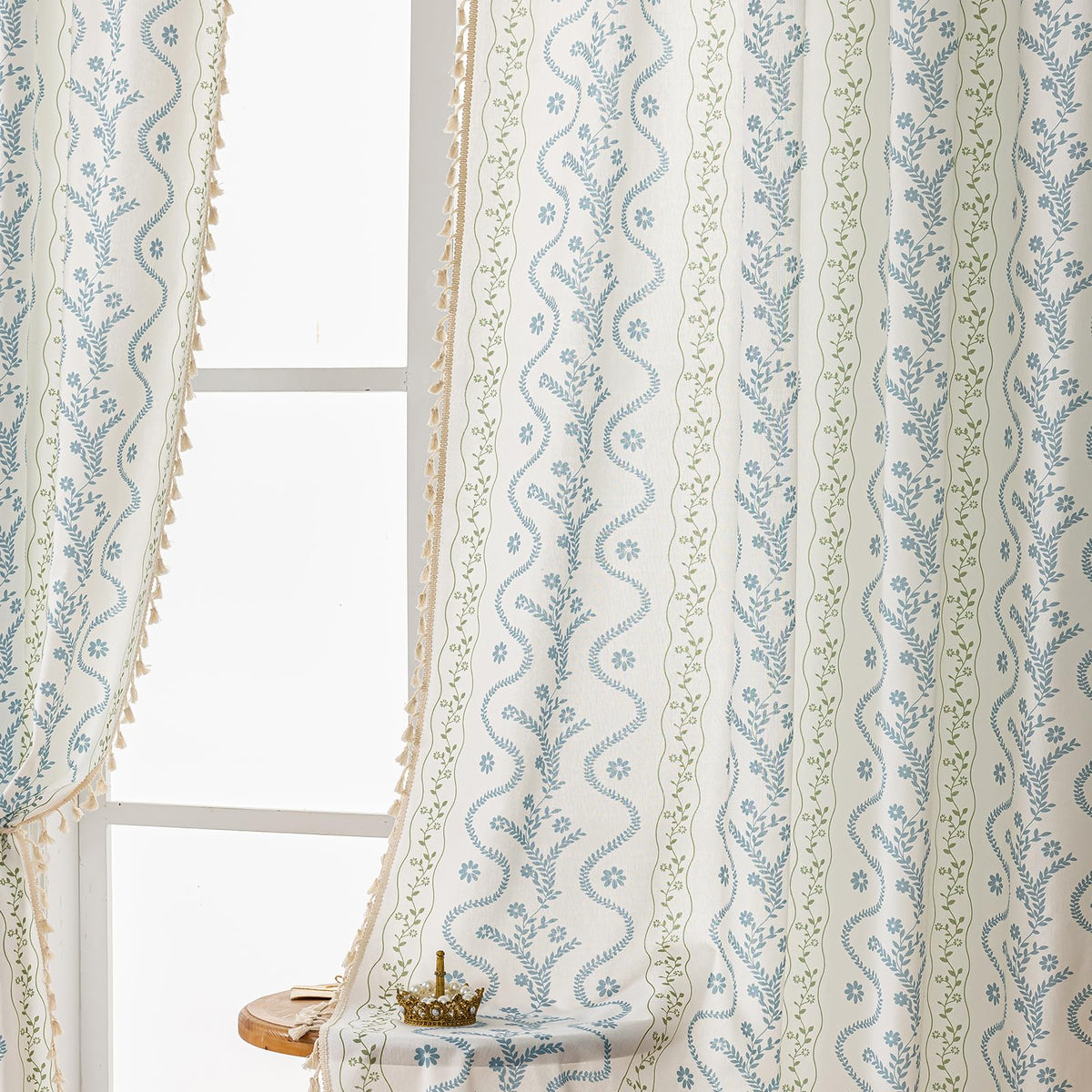 Navy Blue Boho Curtains 72 Inch Long for Living Room, Bedroom, 2 Panels Floral Farmhouse Vintage Tassel Semi Sheer Light Filtering Privacy Window Curtain Drapes with Rod Pocket, Navy Blue