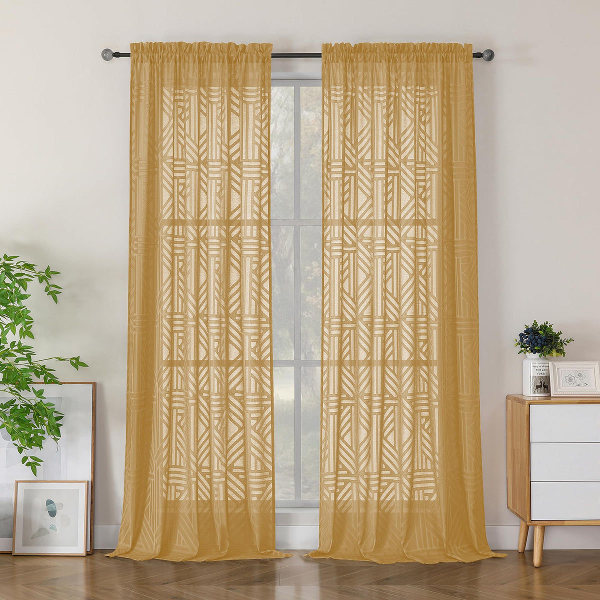 Simplebrand Dusty Blue Semi Sheer Curtains 45 Inch Length 2 Panels, Geometric Jacquard Clip Textured Short Sheer Curtains for Bedroom，Modern Elegant Window Curtains Drapes/Treatment Sheer，42x45 inch